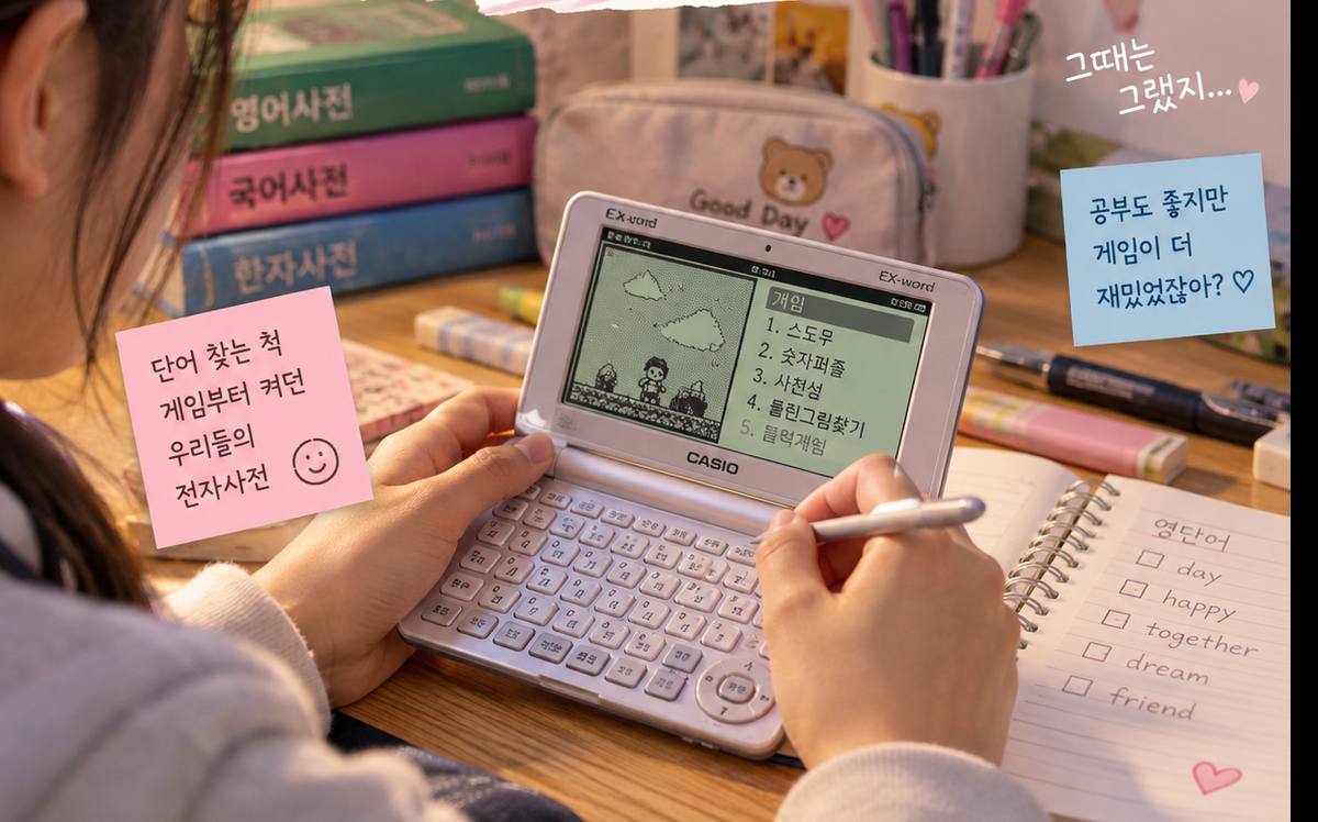 책상에서 학생이 전자사전을 손에 들고 기능을 살펴보는 모습