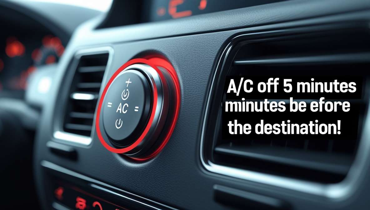 자동차 공조기 버튼 중 'A/C' 버튼이 빨간색 원으로 강조되어 있고, 그 옆에 '목적지 5분 전 OFF!'라는 텍스트가 쓰여있는 인포그래픽 이미지