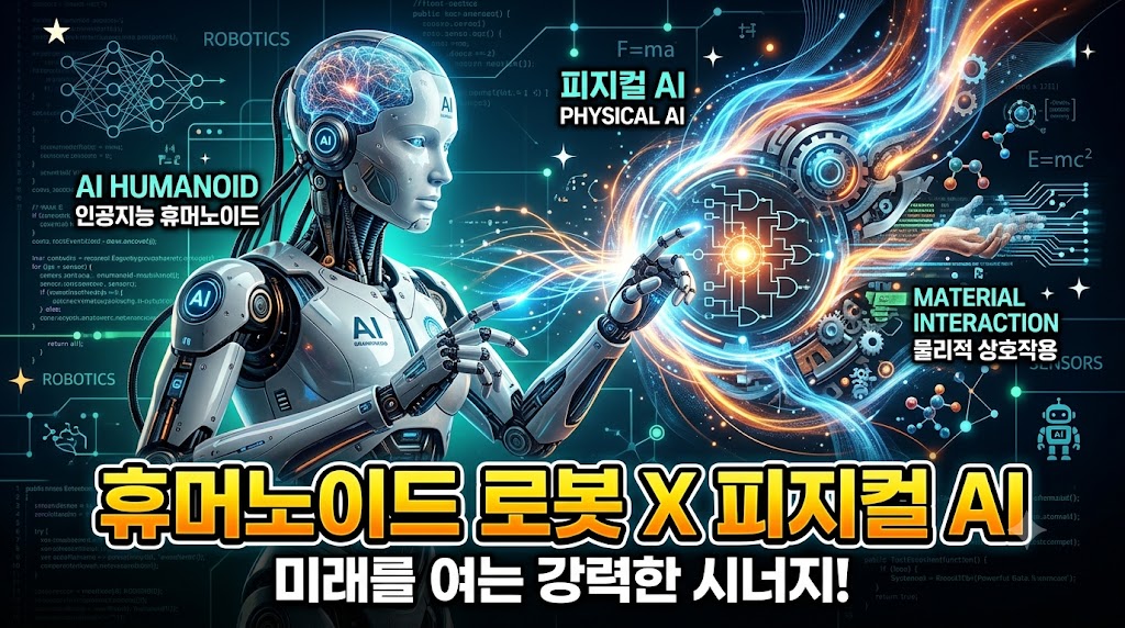 인간 형태의 휴머노이드 로봇과 피지컬 AI를 상징하는 첨단 그래픽이 어우러진 썸네일 이미지.