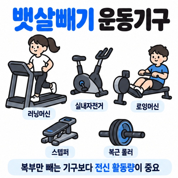러닝머신 실내자전거 로잉머신 스텝퍼 복근 롤러를 배치하고 뱃살빼기 운동기구 문구를 보여주는 대표 카드뉴스 이미지