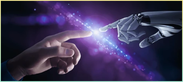 AI, 기계 학습 및 신경망 . 로봇의 손이 사람의 손에 닿는다