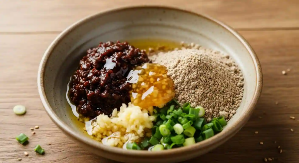 들깨된장을 만들기 위한 재료(재래된장, 들깻가루, 들기름, 다진 마늘, 올리고당, 다진 파)가 접시에 담겨 있음