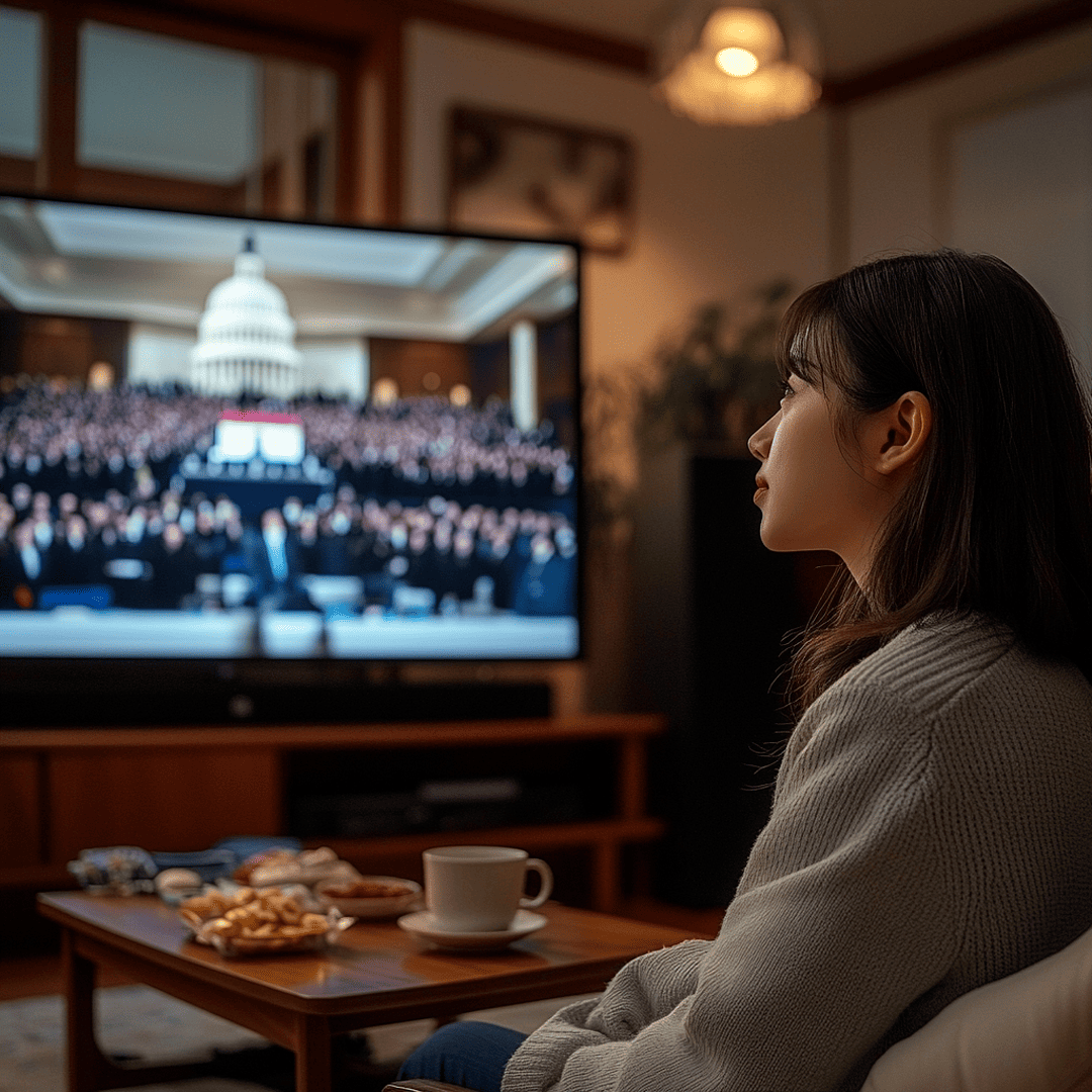 편안한 자세로 TV에서 방영되는 미국 국회의사당 취임식을 시청하는 여성