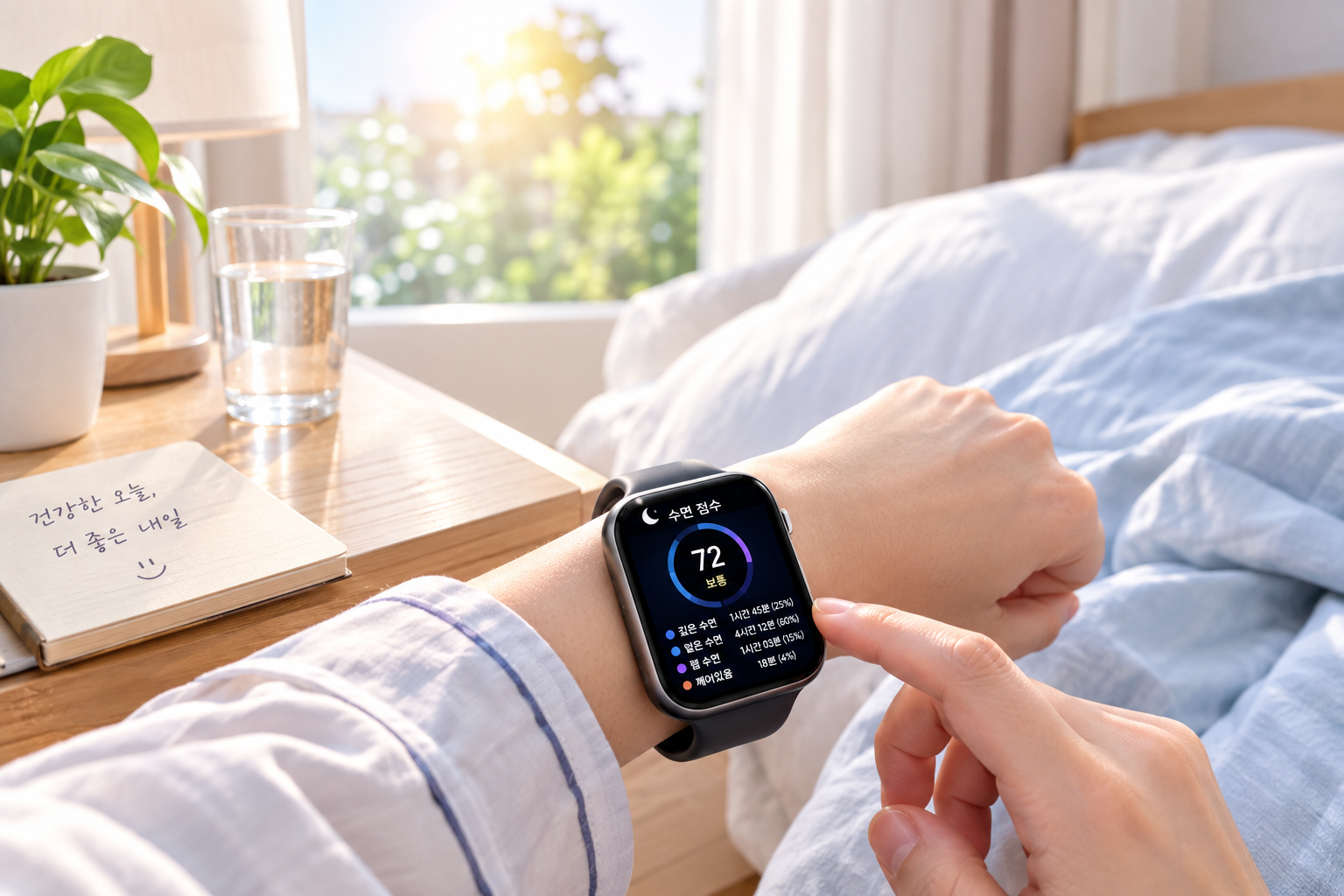아침 햇빛이 들어오는 침실에서 스마트워치로 수면 점수와 수면 데이터를 확인하는 모습