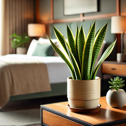 침실안 탁자위에 산세베리아와 다육이 모습