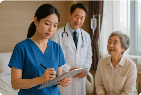 의사 회진 후 간호 기록 정리하는 간호사