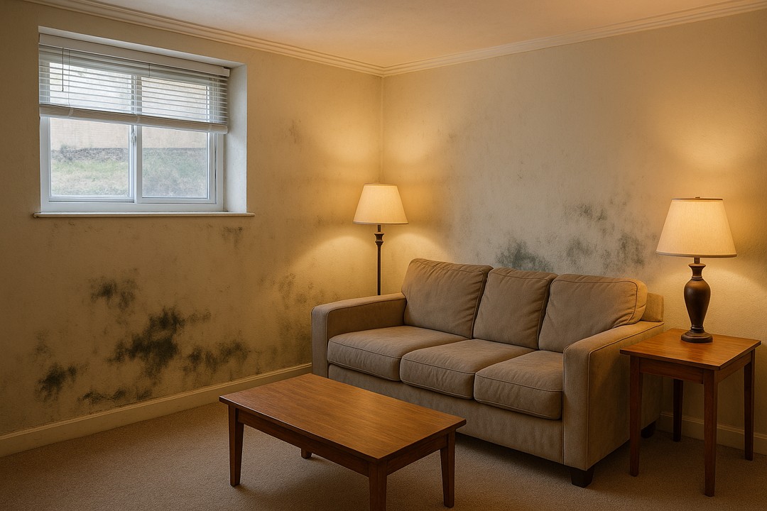 낮은 창문과 벽에 곰팡이 얼룩이 있는 반지하형 거실
