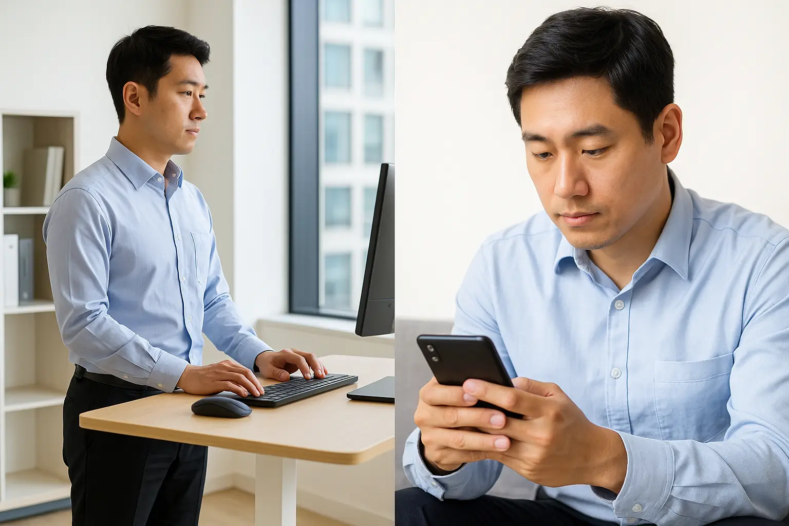 인체 공학적 작업대 앞에서 올바른 자세를 잡는 직장인과 스마트폰을 양손으로 든 모습