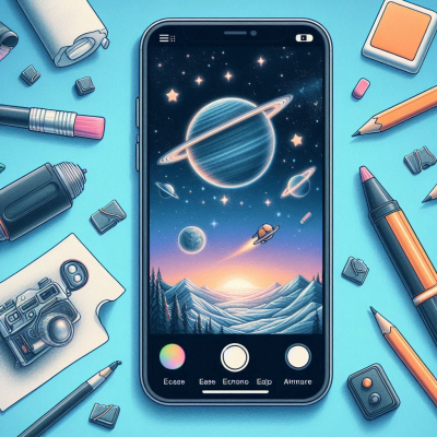 스마트폰으로 우주와 풍경을 그리는 장면을 보여주는 앱 사용 모습입니다. 다양한 색상과 도구를 사용해 창의적인 그림을 그립니다.