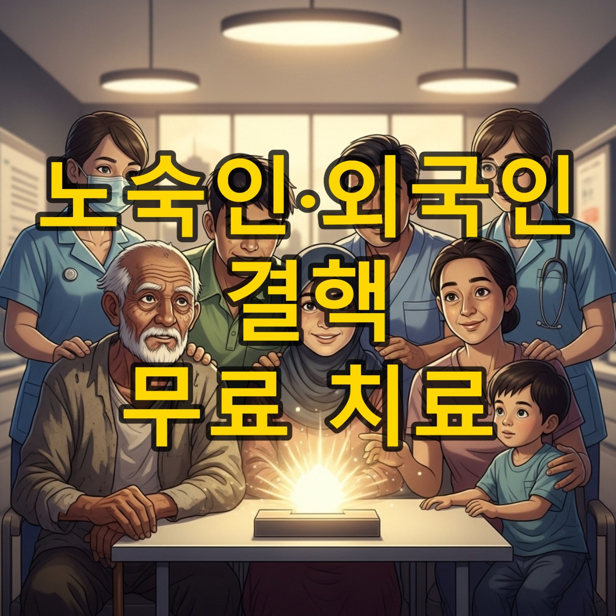 노숙인, 외국인 등 다양한 취약계층 사람들이 보건소에서 친절한 의료진의 도움을 받아 결핵 검진을 받는 희망찬 모습
