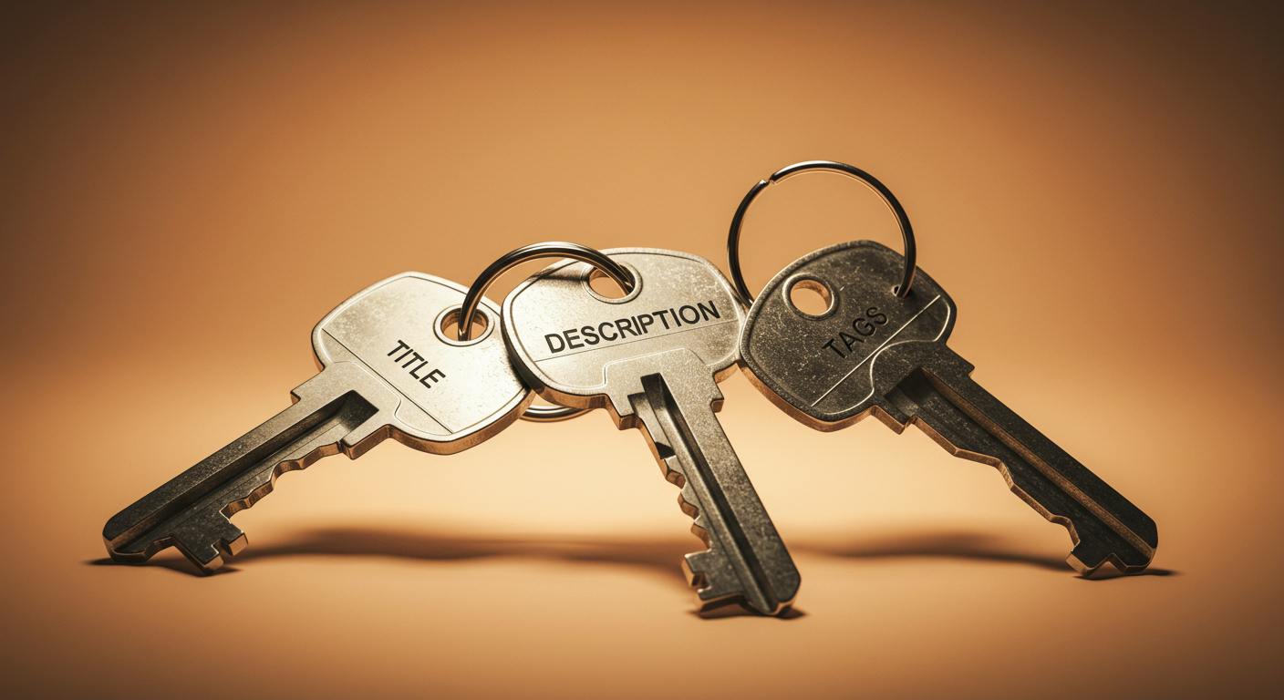 제목·설명·태그의 역할을 각각 상징하는 세 개의 열쇠로 표현한 상징적 정물 이미지