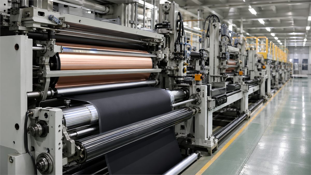 전극 시트를 압착하고 코팅하는 제조 장비 작동 장면 