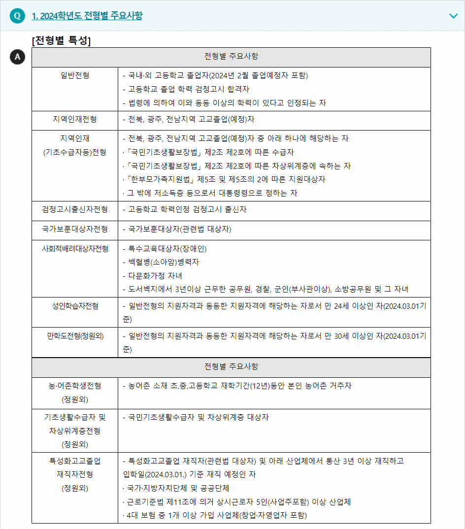 2024학년도 호원대학교 학생부교과전형 전형별 주요사항