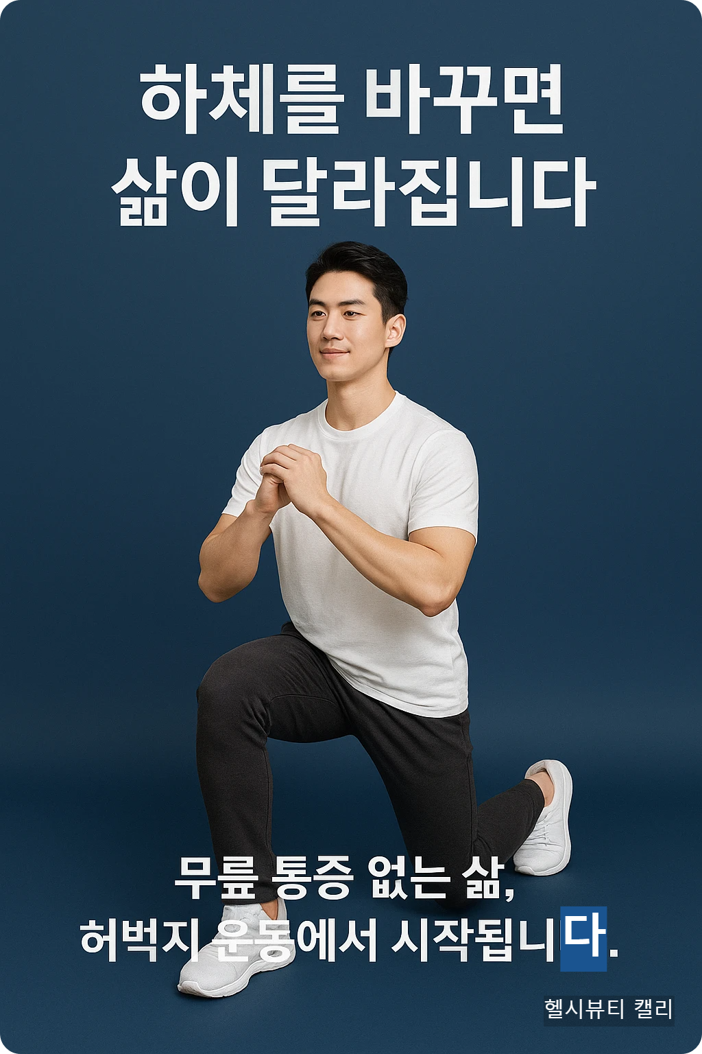 런지 자세를 취한 건강한 20대 남성 모델, 다크블루 배경의 건강 슬로건