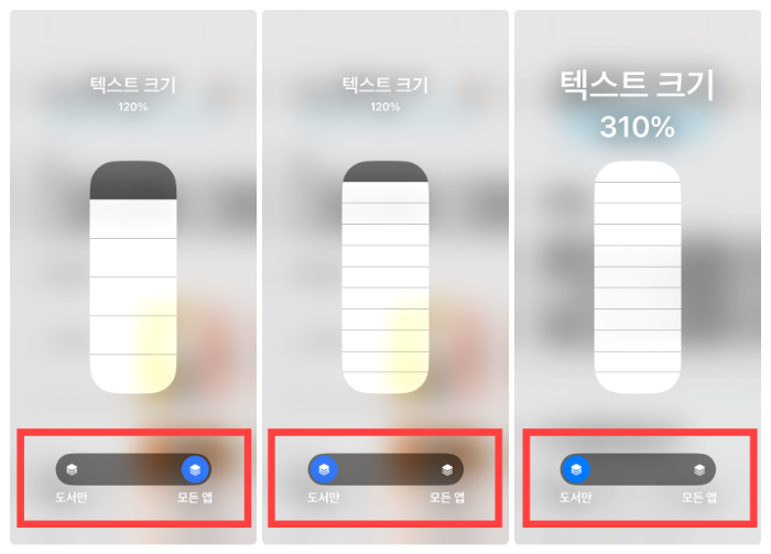 텍스트 크기 조절 옵션이 2가지로 구분되어 있는 이미지