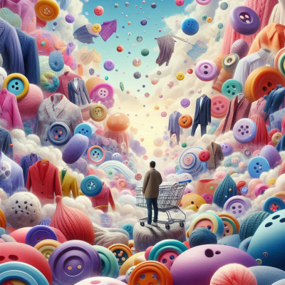 구름 위에 놓인 버튼들 사이에서 사람의 실루엣이 서 있는 모습.