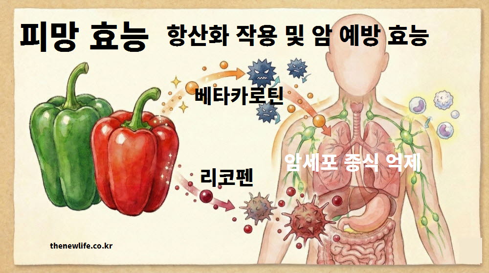 피망 효능의 항산화 작용이 활성산소를 제거하고 암 예방에 도움을 주는 과정을 설명하는 이미지