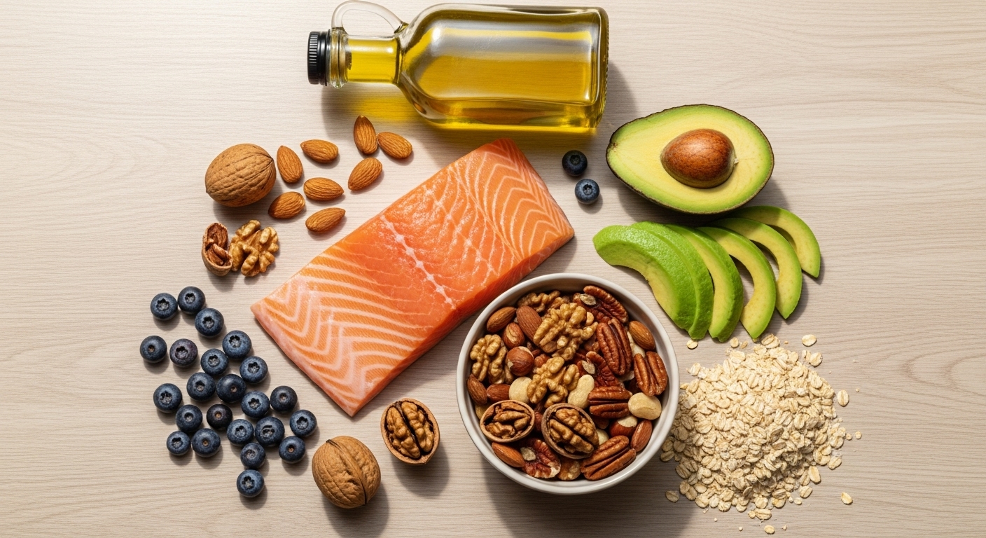 신선한 연어, 아보카도, 견과류, 블루베리, 올리브 오일, 귀리 등 HDL 수치를 높이는 건강한 음식들이 한 상 차려진 모습입니다.