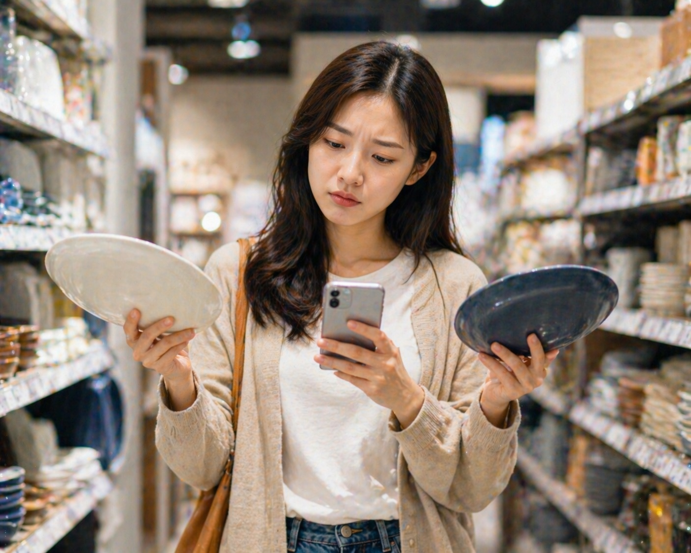 매장에서 그릇을 비교하며 스마트폰으로 가격을 확인하는 소비자의 모습