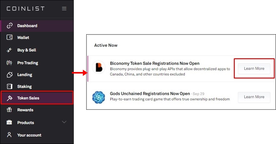 왼쪽 메뉴에서 Token Sales를 클릭 후 우측에 리스트 중 하나를 Learn more를 클릭