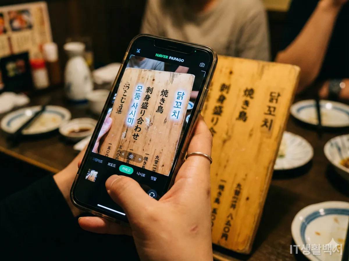일본 이자카야에서 파파고 이미지 번역 기능을 사용하여 메뉴판을 스캔하는 모습