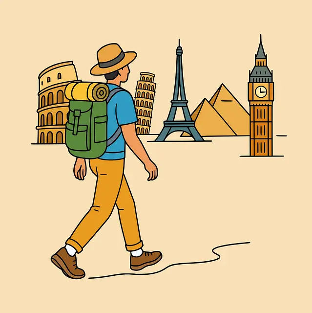 배낭여행을 하고 있는 젊은 남자모습