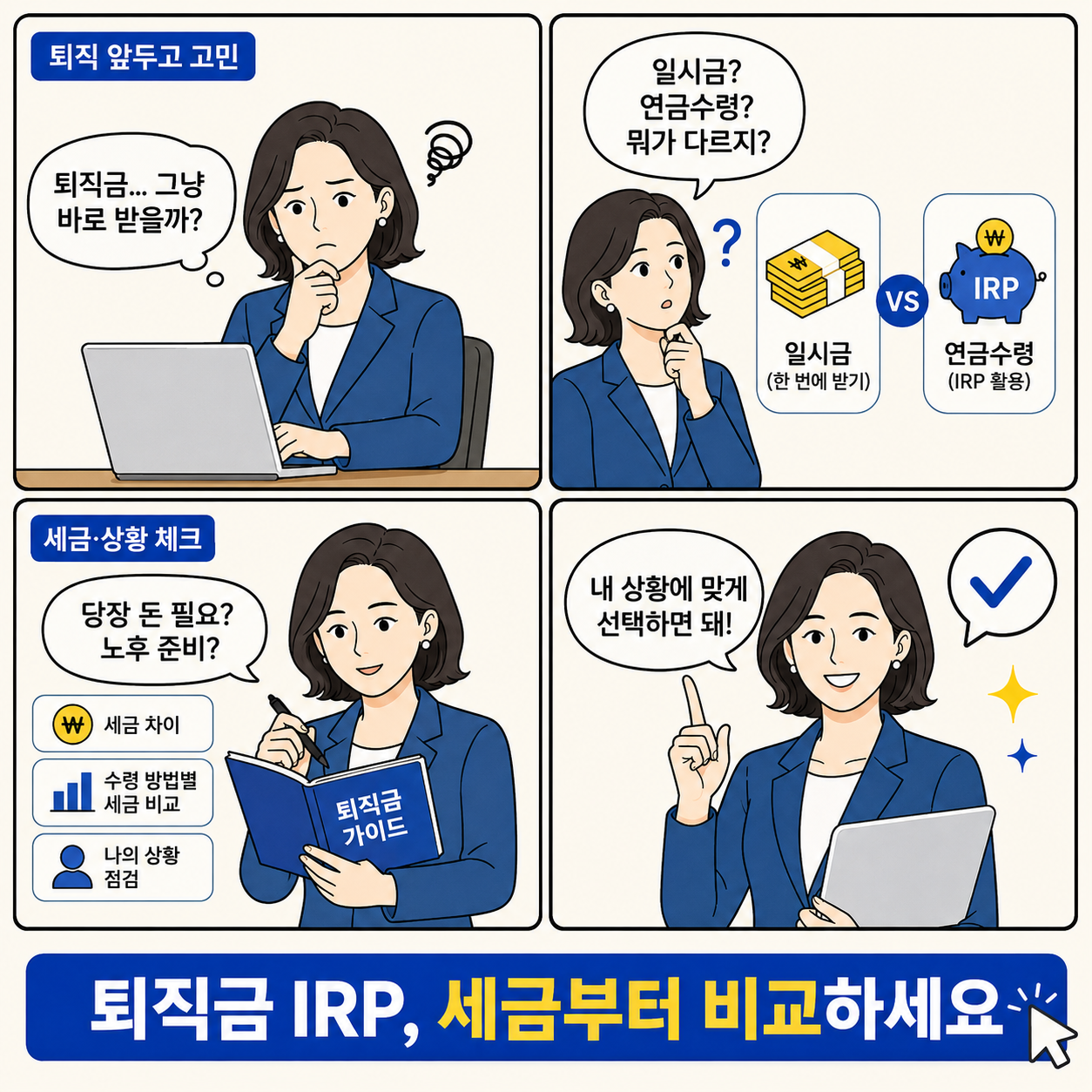 퇴직금을 어떻게 받을지 고민하는 내용을 담은 네컷 만화형 이미지. 1컷에서는 노트북 앞의 여자 직장인 캐릭터가 &ldquo;퇴직금&hellip; 그냥 바로 받을까?&rdquo;라고 고민한다. 2컷에서는 &ldquo;일시금? 연금수령? 뭐가 다르지?&rdquo;라고 생각하며 일시금과 IRP 연금수령을 비교한다. 3컷에서는 &ldquo;당장 돈 필요? 노후 준비?&rdquo;라는 질문과 함께 세금 차이, 수령 방법별 세금 비교, 나의 상황 점검 요소를 확인한다. 4컷에서는 여자 직장인 캐릭터가 &ldquo;내 상황에 맞게 선택하면 돼!&rdquo;라고 말하며 결론을 안내한다. 하단에는 &ldquo;퇴직금 IRP, 세금부터 비교하세요&rdquo;라는 파란 강조 배너가 들어가 있다.