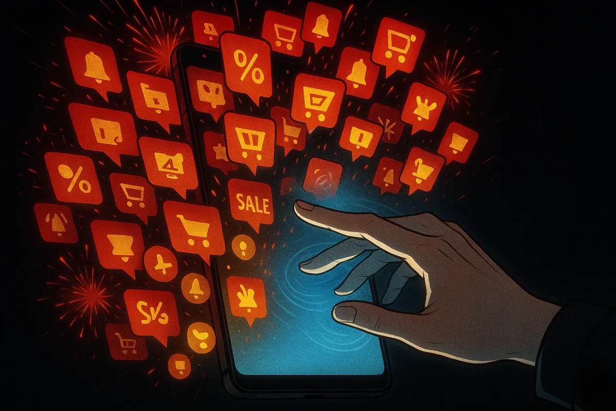 스마트폰 화면에 쇼핑앱 알림들이 넘쳐나는 모습과 그것을 정리하는 손의 모습이 대비되는 이미지