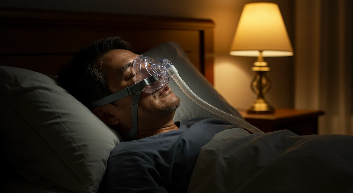 양압기(CPAP) 마스크를 착용하고 침대에서 편안하게 잠든 중년 남성의 옆모습. 따뜻하고 어두운 침실 조명 아래 숙면을 취하며 치료 효과를 보여줌.