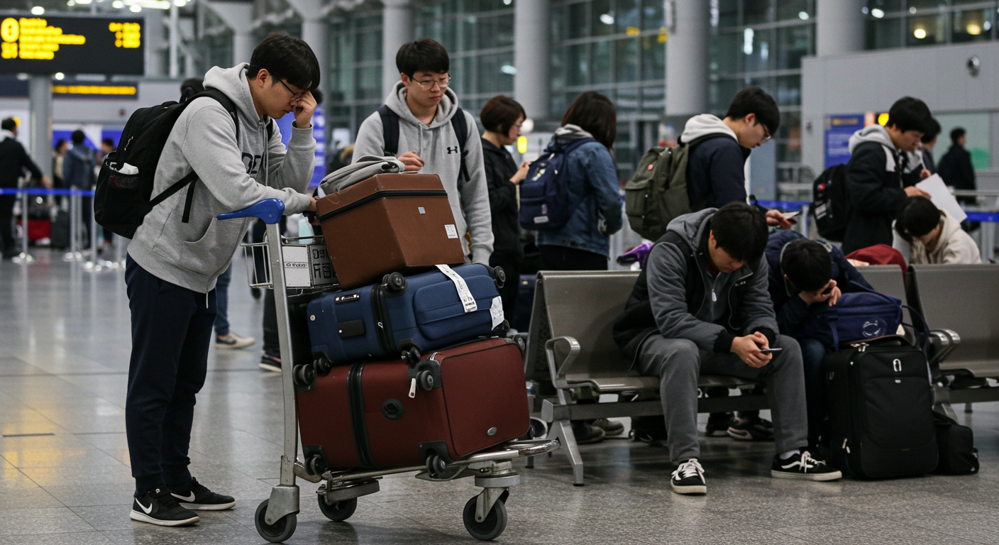 공항에서 항공 지연 및 결항으로 인해 지친 여행객.