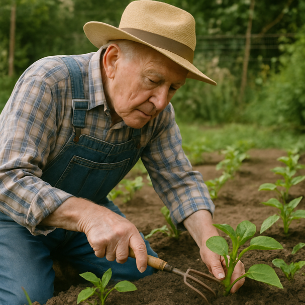노인이 작은 텃밭에서 무릎을 꿇고 어린 식물을 정성스럽게 돌보는 장면
