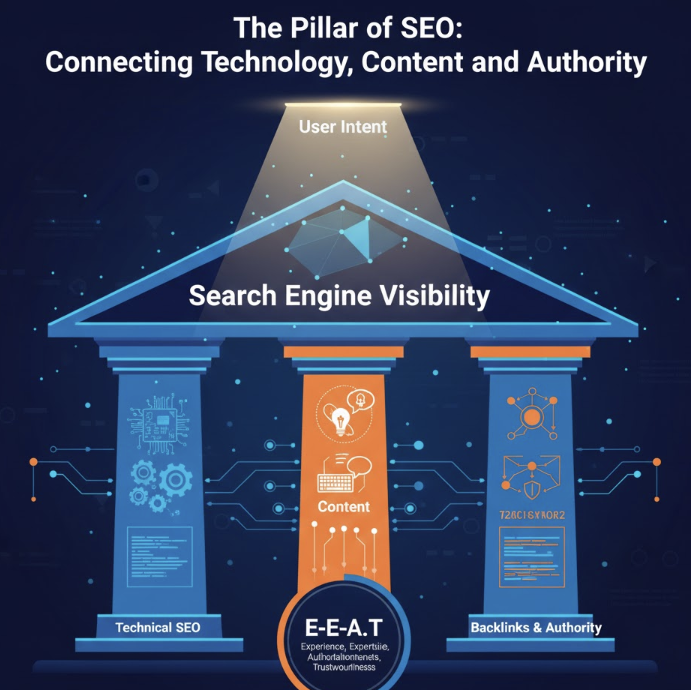 검색 엔진의 크롤링과 인덱싱 과정을 거쳐 웹사이트가 상위에 노출되기 위한 온페이지, 오프페이지, 기술적 SEO의 구성 요소와 장기적인 마케팅 가치를 설명하는 인포그래픽 이미지.