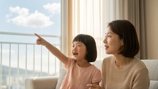 아이가 창가에서 구름을 바라보며 설명하는 따뜻한 장면