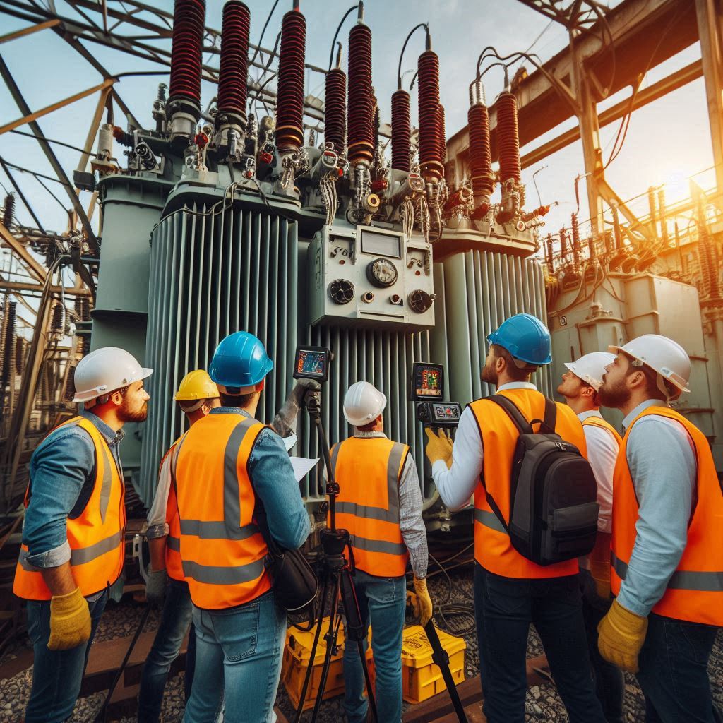 변압기를 검사하고 있는 사람들