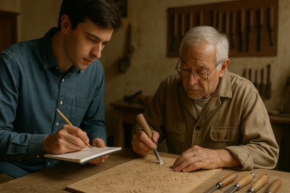전통문화 기술을 기록하는 청년과 장인의 작업 장면