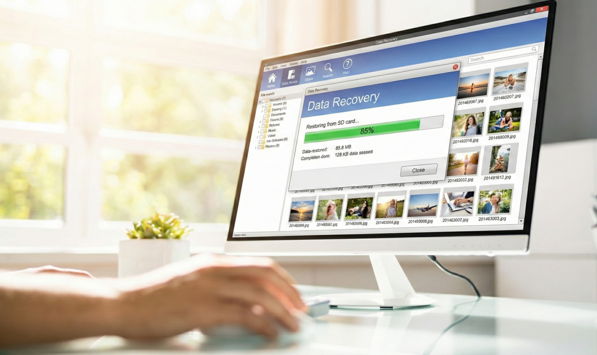 밝은 홈 오피스 환경에서 데이터 복구 프로그램의 진행률이 85%를 가리키고 있는 모니터 화면