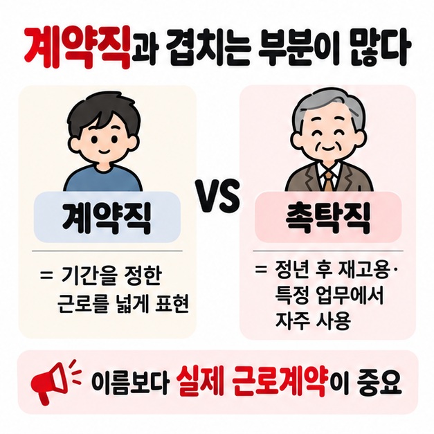 계약직은 기간제 근로를 넓게 부르고 촉탁직은 정년 후 재고용이나 특정 업무에서 자주 쓰인다는 비교 카드