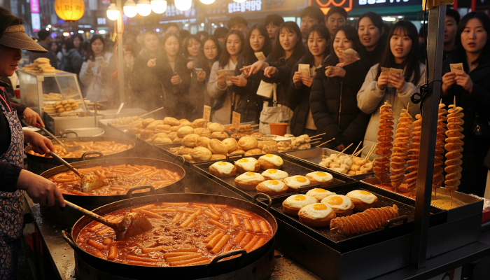 명동 길거리에서 김이 모락모락 나는 떡볶이, 계란빵 등 다양한 한국 길거리 음식을 즐기는 사람들.