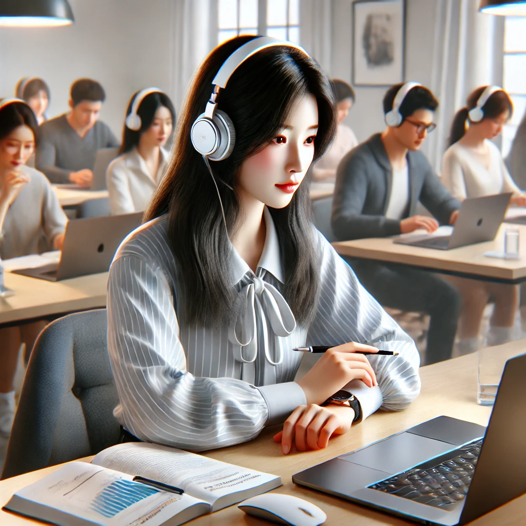 여성이 워드프로세서 자격증 시험 준비를 위해 가상 스터디 그룹에 참여하는 장면. 그녀는 헤드폰을 착용하고 노트북으로 화상 통화를 하며, 방은 밝고 현대적인 분위기로 꾸며져 있습니다