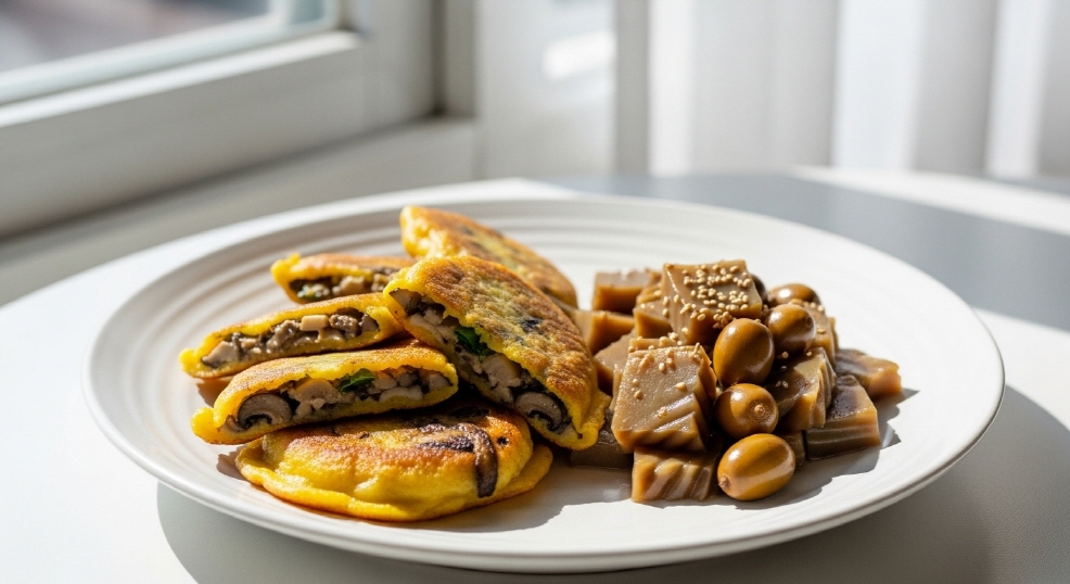 단양여행, 버섯전, 도토리묵 담긴 한 접시