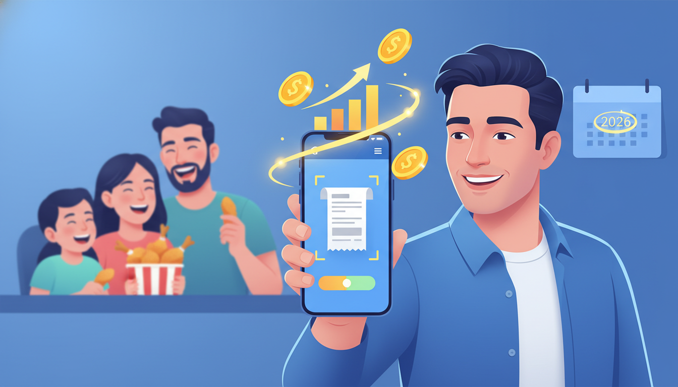 스마트폰으로 영수증을 스캔하여 포인트를 적립하고 행복해하는 사람의 모습, 디지털 코인과 2026년 달력이 함께 있는 앱테크 성공 이미지.