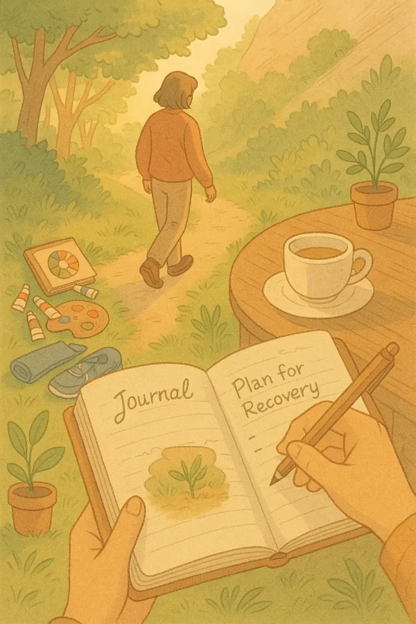 감정을 기록하며 알코올 회복 여정을 이어가는 사람의 손글씨 일기장, 책상 위 연필과 커피, 회복과 자기 이해를 상징하는 따뜻한 분위기, 감정 조절 훈련 및 심리상담의 도구