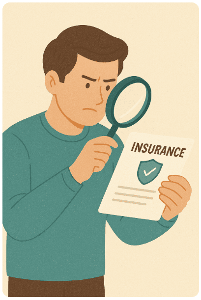 돋보기를 들고 보험 설계서를 꼼꼼히 확인하는 남성의 감성 일러스트