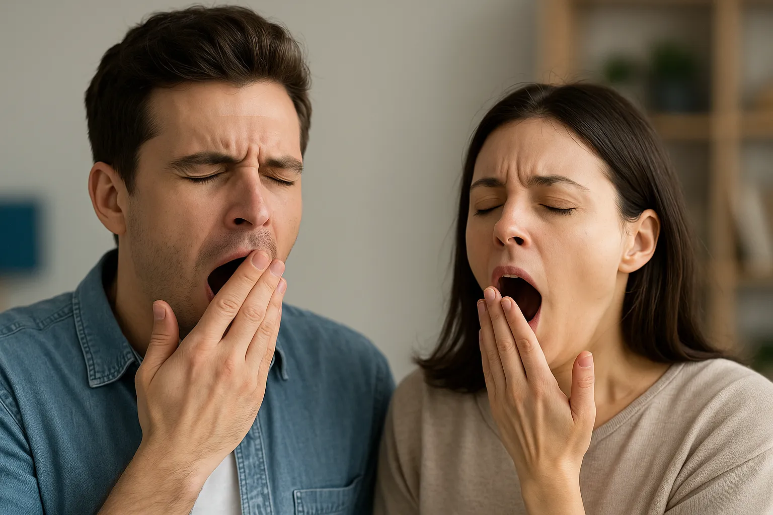 나란히-앉아-함께-하품하는-남성과-여성의-모습-하품이-사회적-전염처럼-퍼지는-현상을-상징적으로-표현한-장면