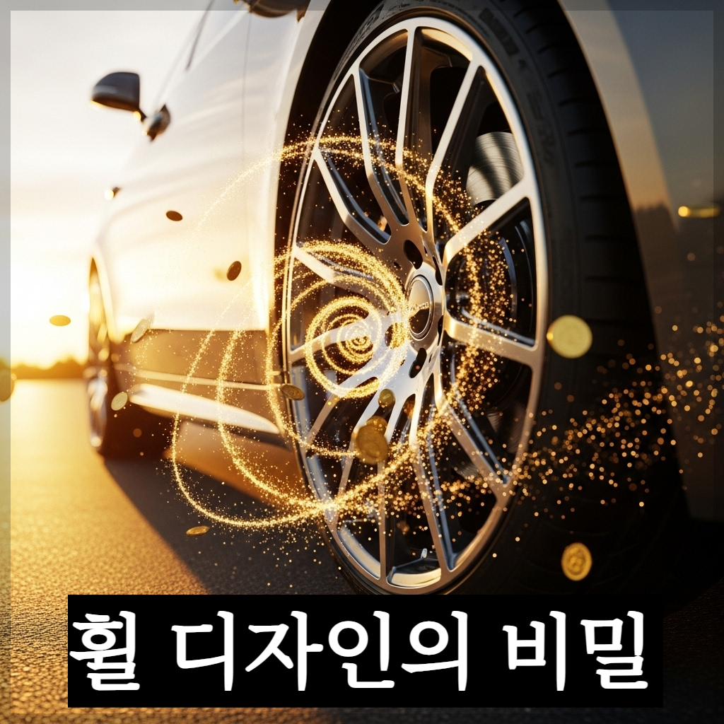 달리는 자동차의 세련된 다중 스포크 알로이 휠이 황금빛 잔상을 남기며 회전하는 모습. 휠 주변으로 재물운을 상징하는 황금색 동전 모양 에너지 입자들이 부드럽게 소용돌이치며 차량 내부로 유입되는 시각적 묘사