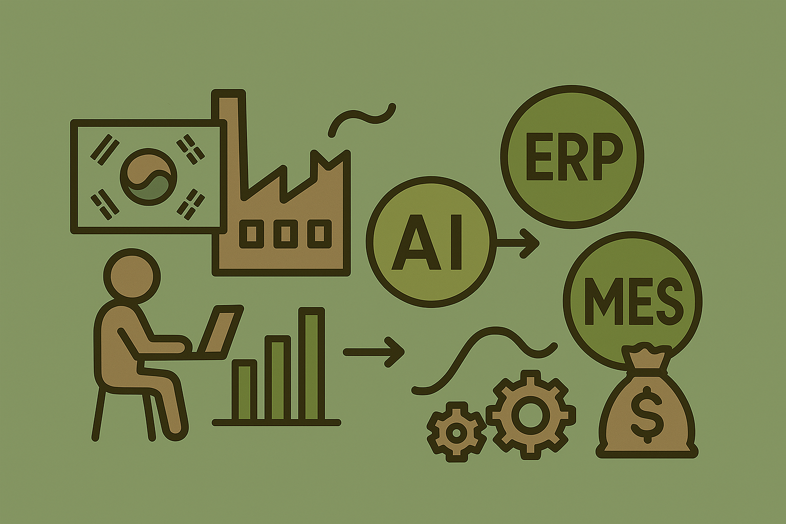 ERP와 MES 적용 흐름과 성과를 따뜻한 여정 이미지로 표현한 감성 일러스트