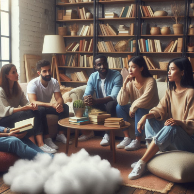 꿈을 꾸는 듯한 분위기의 침실, 구름과 별이 장식된 꿈catcher가 벽에 걸려있는 모습.