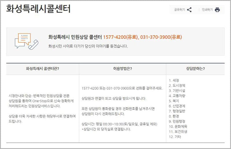 화성시 민원 상담 안내(화성특례시콜센터)