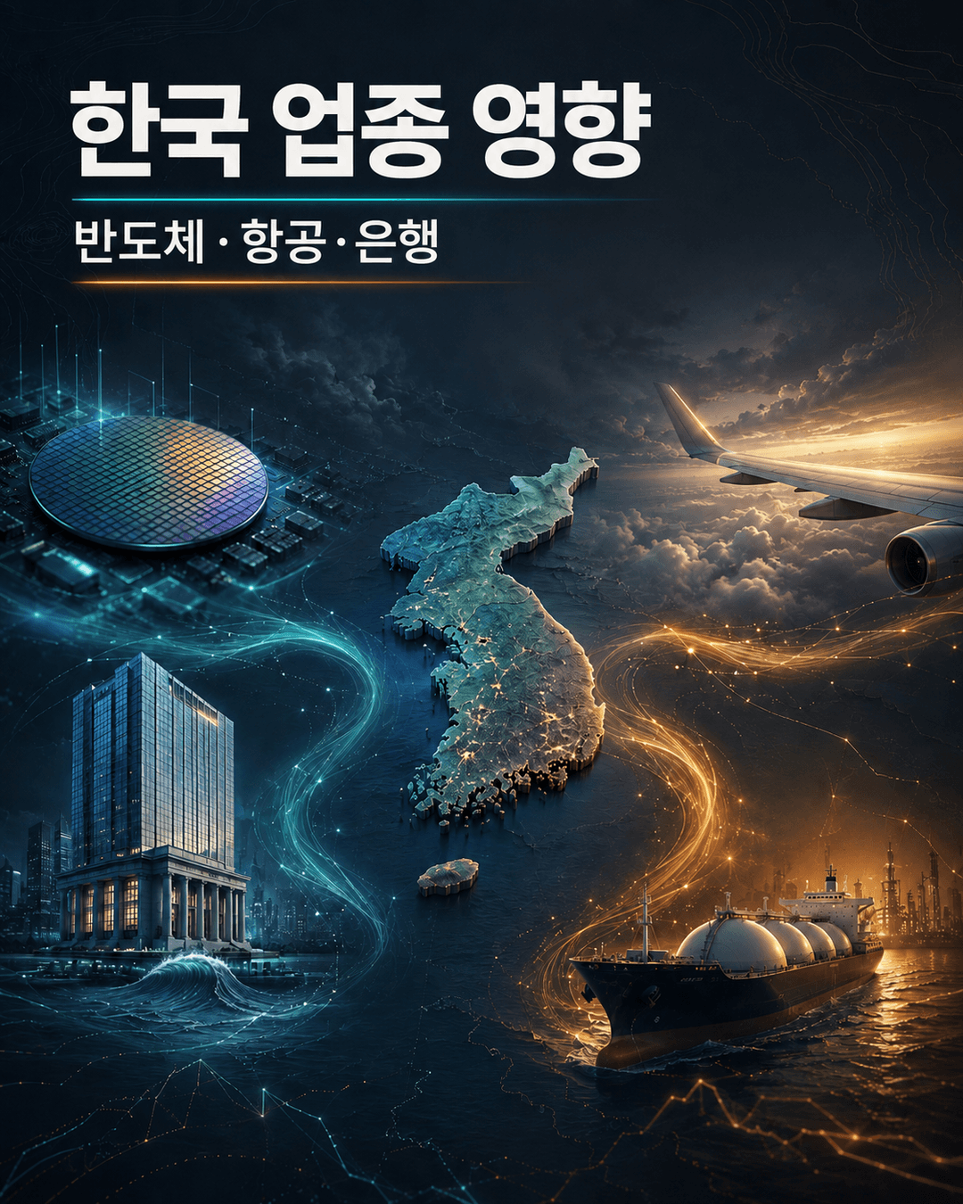 일본 금리와 유가 상승이 한국 반도체 항공 은행에 미치는 영향을 표현한 카드