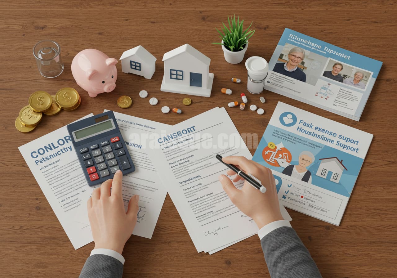 연금, 주거지원, 건강보험 등을 고려하는 노인의 리얼한 이미지.